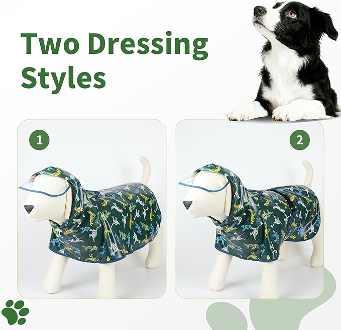 Dog Raincoat, Waterproof Windproof Dog Rain Jacket with Hood, Rain Coat with Leash Hole, Adjustable Raincoat Poncho for Small Medium Large Dogs Outdoor (Green, M)