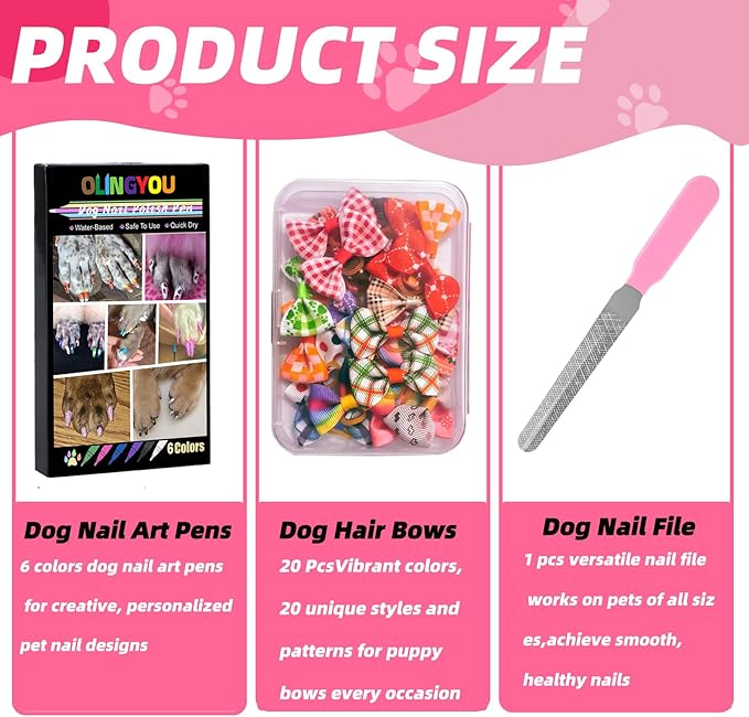 Dog Nail Art Pens,Nail Art Markers for Dog-6 Colors & 20 Pcs Dog Bowknot Hair Bows, DIY Nails for Pet, Dog Safe Nail Polish Non Toxic, Odorless, Easy to Apply