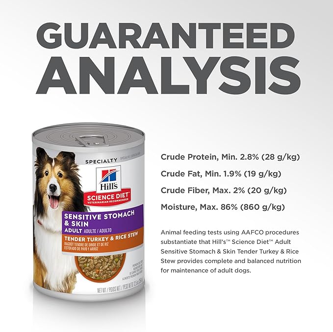 Hill's Science Diet Adult 1-6 Sensitive Stomach & Skin Wet Dog Food, Turkey & Rice Stew, 12.5 oz. Cans, 12-Pack