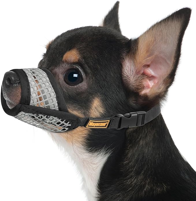Mayerzon Dog Muzzle for Biting, Patented Soft Breathable Mesh Muzzle for Small Medium Dogs Chihuahua Dachshund Poodle, Adjustable Mouth Cover for Grooming, Chewing, Vet Visits (Black Trim, XXS)