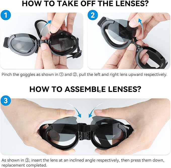 Lesypet Dog Goggles with Replaceable Lenses for Medium Large Breed, Anti-UV Wind Protection Dog Sunglasses Outdoor Motorcycling Driving Eye Protection Pet Sunglasses, Black