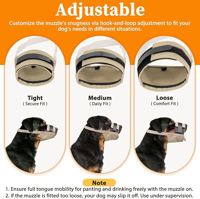 Mayerzon Dog Muzzle for Large Medium Small Dogs, Adjustable Fit, Soft & Sturdy Fabric, Prevents Fierce Barking Biting Chewing, Ideal for Grooming Walking Vet Visits, Allows to Pant Drink (Khaki, M)