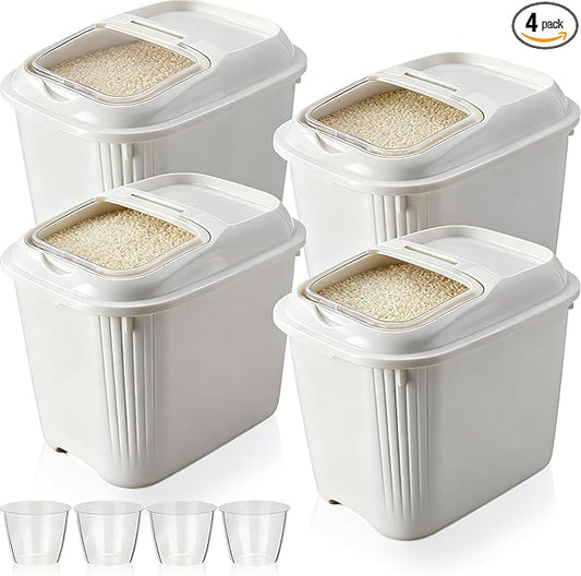 4 Pack Sugar Storage Containers Flour Bin with Wheels Large Pet Dog Food Storage Boxes Measuring Cup Sealed Transparent Flip Lid Portable Household Rice Container Set(30 Lbs)