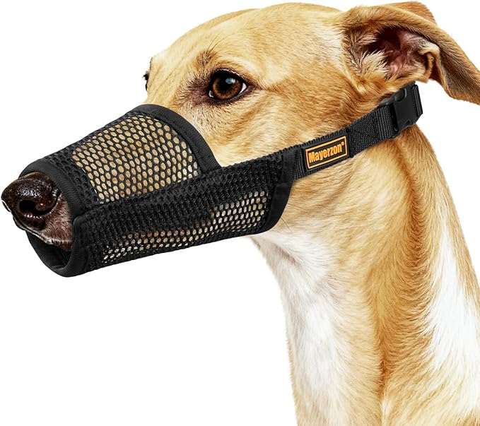 Mayerzon Greyhound Whippet Dog Muzzle, Soft Mesh Muzzle for Long Nose Dogs to Prevent Excessive Biting Chewing Eating, Suitable for Grooming Walking Vet Visits, Allowing Drinking Breathing (Black, M)