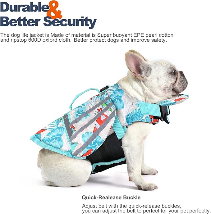 Dog Life Jacket, Wings Pet Life Vest for Swimming Boating Reflective Dog Flotation Swim Vest with Handle and Chin Float for Small Medium Large Size Dogs - Leaves Blue, M