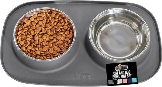 GORILLA GRIP Feeding Mat Bowl Set, 100% Waterproof BPA Free Silicone Base, 304 Stainless Steel Cat and Dog Bowls for Food and Water, Slip Resistant, High Edge, US Designed, Patent Pending, 1 Cup Gray