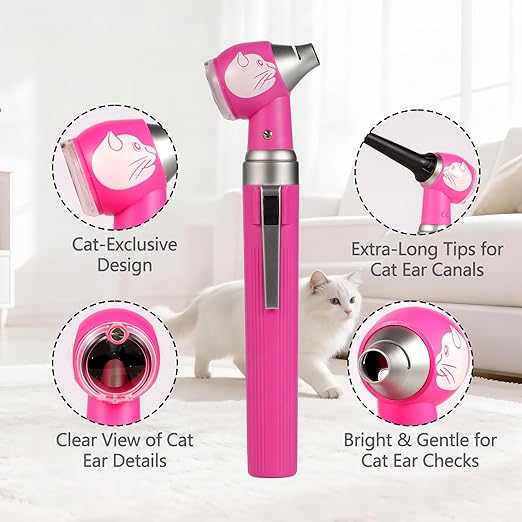 Veterinary LED Otoscope for Pets Cat-Design - Ear Infection Detector with Light, 6 Disposable Tips for Dogs & Cats, Portable Home Ear Checker (Pink)