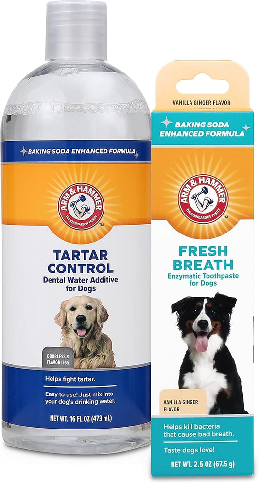 Combo Pack: Arm & Hammer Dog Dental Tartar Control Water Additive and Fresh Breath Vanilla Ginger Enzymatic Toothpaste