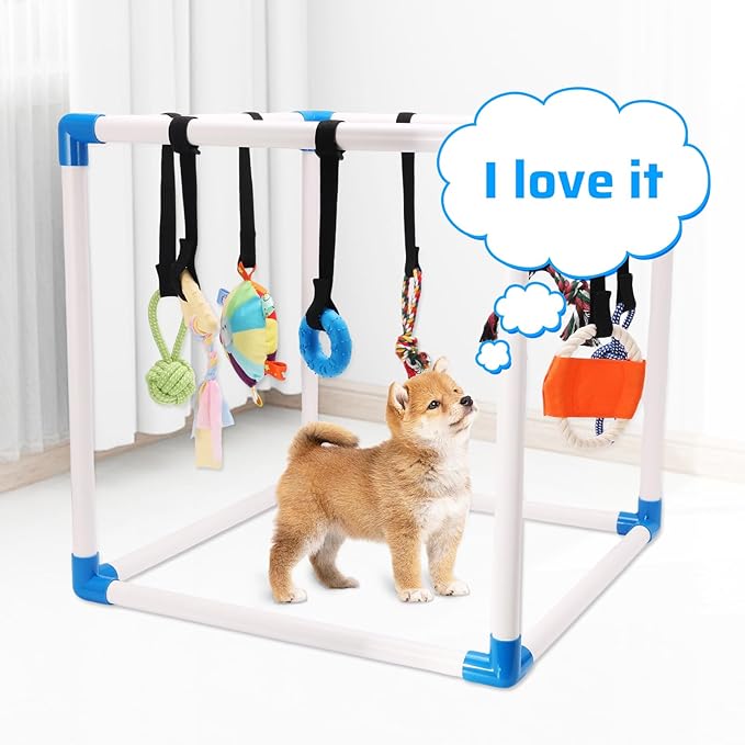 Puppy Play Gym with 8 Hanging Interactive Toys, Indoor Jungle Gym for Small Dogs & Puppies 0-6 Months, Adjustable PVC Frame, Teething Chew Toys for Mental Stimulation & Boredom Relief