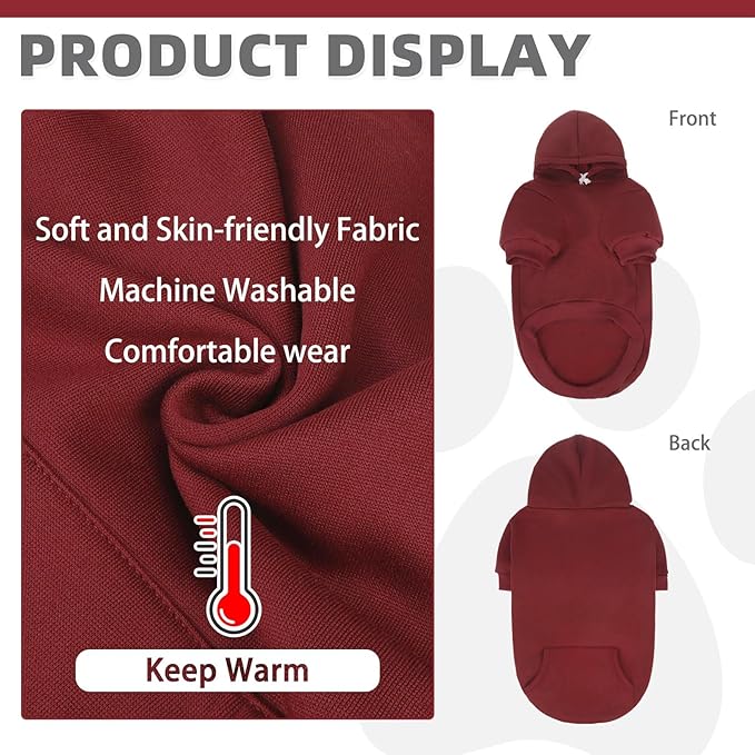 KOOLTAIL Dog Hoodie for Large Medium Small Dogs,Soft&Warm Pet Sweater with Leash Hole and Pocket Boy Girl,Puppy Fall Winter Jacket Clothes,French Pitbull Cold Weather Coat Sweatshirt,Deep Red SM