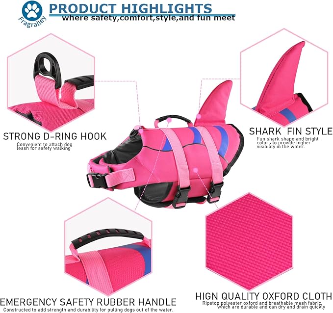 Fragralley Dog Life Jacket Shark, Dog Life Vest Adjustable Ripstop, Dog Swimming Safety Vest with Superior Buoyancy & Rescue Handle for Small Medium Large Dogs, Swim, Pool, Beach, Boating