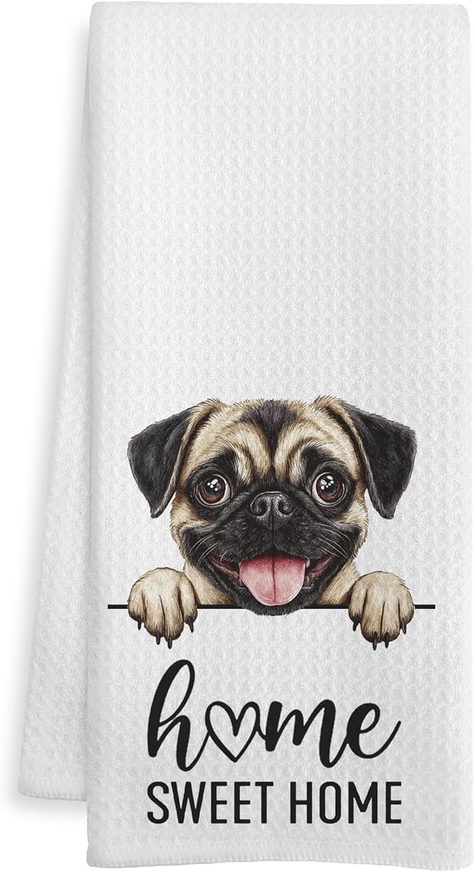Pug Gifts Kitchen Towels, Gifts for Pug Lovers Dish Tea Towels, Dog Lover Mom Dad Gifts Decorative Hand Towel for Bathroom, Home Sweet Home Decor, 16x24 Inch