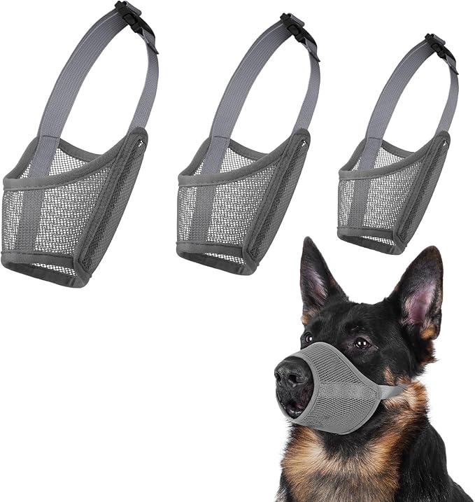 LUCKYPAW Dog Muzzle Suits for Small Medium Large Dogs, Mesh Muzzle Anti Biting Chewing, Breathable Mouth Cover Set with Adjustable Strap for Grooming Vet Visiting Training (Medium 3 PCS(M-XL), Grey)