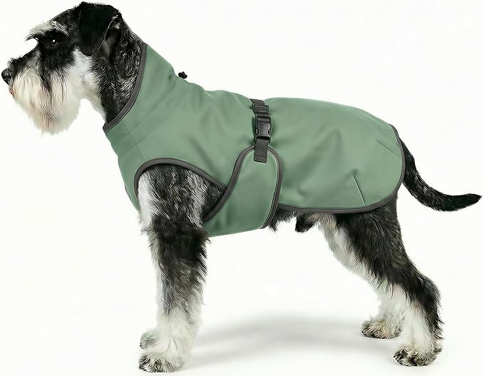 Dog Winter Vest with Fur-Safe Buckle (No Hook & Loop), Water-Repellent Fleece Lined Jacket, 360° Reflective, Leash Hole & Leg Straps, Adjustable for Hiking & Active Dogs (Green, Medium)