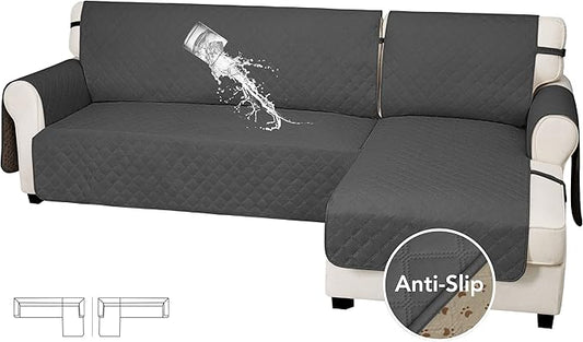 Easy-Going Waterproof Sectional Couch Covers with Chaise 2-Piece Non Slip L Shape Sofa Cover for Dogs Leakproof Furniture Protector Cover with Adjustable Strap for Pets (X-Large, Dark Gray)