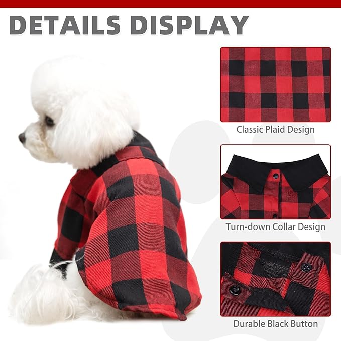 KOOLTAIL Chirstmas Dog Shirt, Red Buffalo Plaid Pet Shirts, Cute Dog Apparel Clothes Suitable for All Seasons, Comfortable Dogs T-shirt for Small Medium Large Dogs Cats Girl Boy, Pet Outfit Costume, M