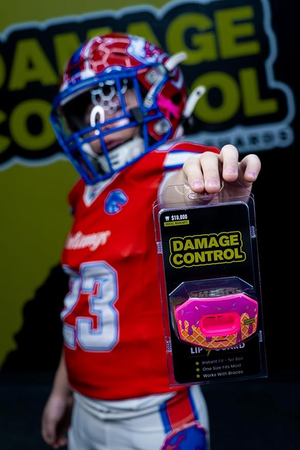 DAMAGE CONTROL Youth Football Mouth Guard – Breathable No Boil Mouthpiece, Protects Lips & Teeth, Works with Braces, Includes Helmet Strap – Sports Gear & Accessories (Brain Freeze)