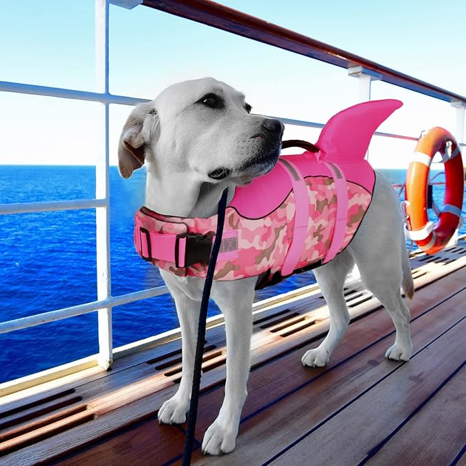 Queenmore Dog Life Jacket Ripstop Dog Shark Safety Vest Adjustable Preserver with High Buoyancy and Durable Rescue Handle for Small,Medium,Large Dogs, Pink Camouflage XX-Large