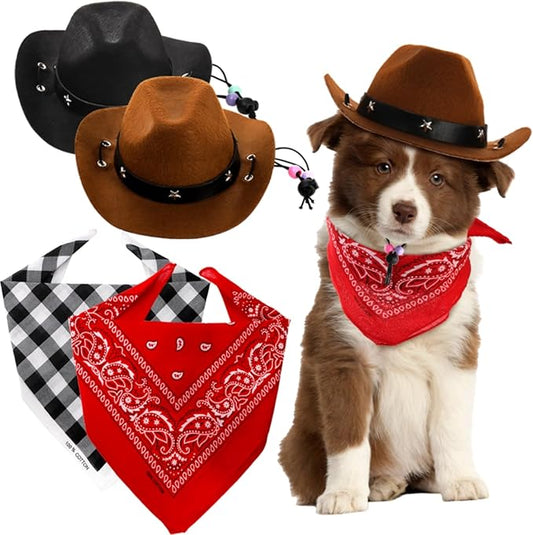 4 Pack Pet Cowboy Costume Accessories Set, 2 Pcs Cowboy Hat and 2 Pcs Bandana Scarf, Puppy Kitten Halloween Christmas Costume, West Cowboy Accessories Party Cosplay Wearing for Cats Small Dogs