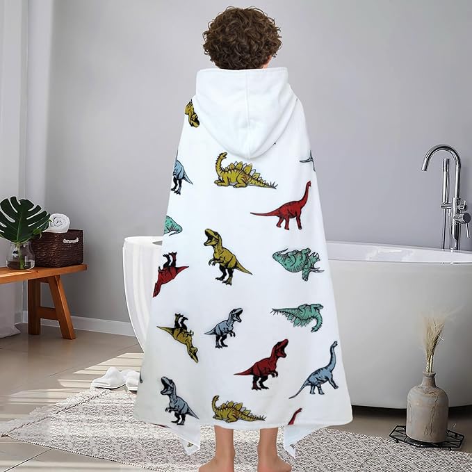 VOOVA & MOVAS Dinosaur Beach Towels with Hood for Teens & Big Kids 8Years Up | Soft, Absorbent 100% Cotton Towel Wrap for Boys | Beach, Pool, Swim & Bath Cover-Up