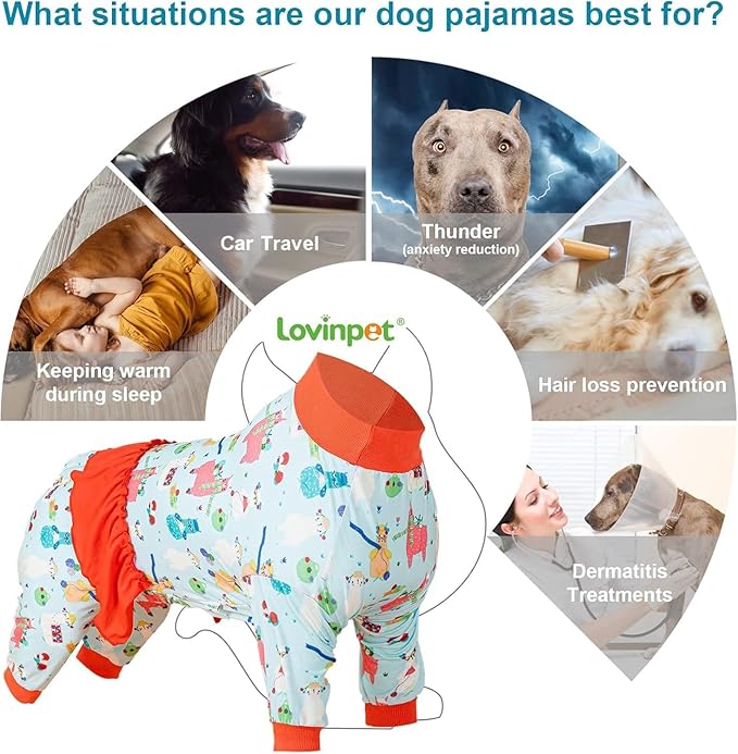 LovinPet Dog Jammies for Pitbulls - UV Protection, Post Surgery Recovery Shirt, Lightweight Knit Stretchy Fabric, Aqua Alpaca Print, Undershirt for Dog Dresses,Orange M