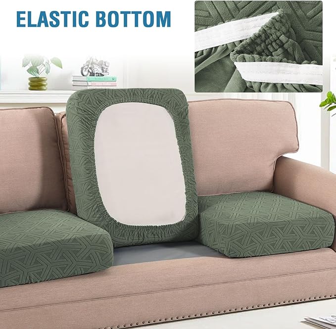 H.VERSAILTEX Jacquard Sofa Cushion Covers Stretch Sofa Covers for 3 Cushion Couch Furniture Protector Spandex Anti-Slip Soft Thickened Slipcovers Diamond Pattern(3 Seat Covers, Sea Grass)