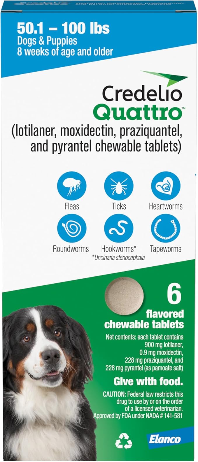 Credelio Quattro Dog Flea & Tick Treatment + Heartworm & Parasite Protection, 50.1-100 lbs (6 Chewable Tablets)