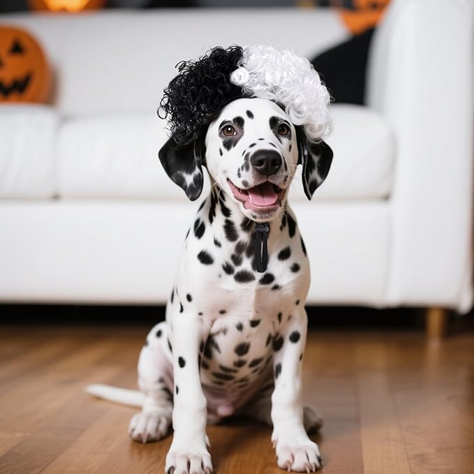 1 Pcs Funny Pets Wigs for Dog, Funny Black and White Curly Dog Wig Adjustable Pet Wigs for Halloween Pet Costume Accessories for Halloween, Christmas, Parties, Festivals Cosplay