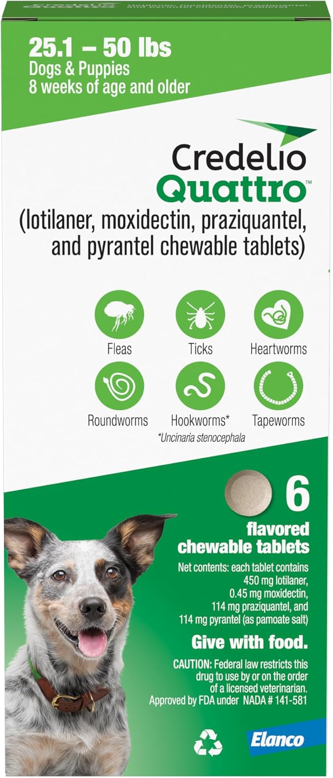 Credelio Quattro Dog Flea & Tick Treatment + Heartworm & Parasite Protection, 25.1-50 lbs (6 Chewable Tablets)