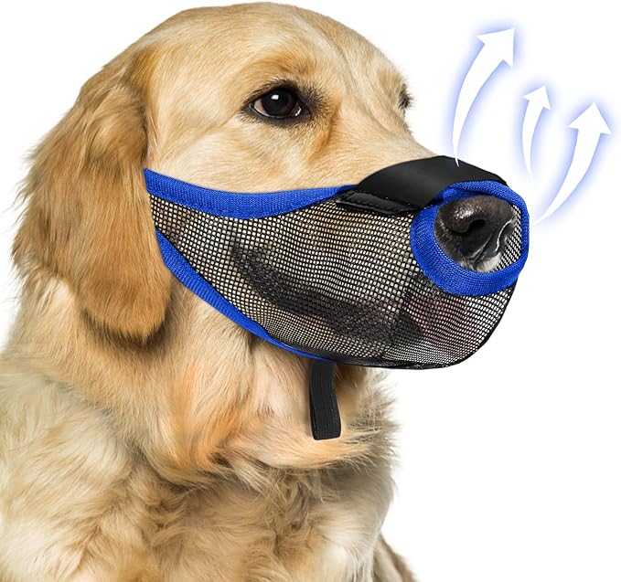 Dog Muzzle with Front Opening for Training and Treats, Breathable Air Mesh Muzzle for Biting Chewing Scavenging, Soft Lightweight Adjustable Mouth Guard for Small Medium Large Dogs (Blue, XL)