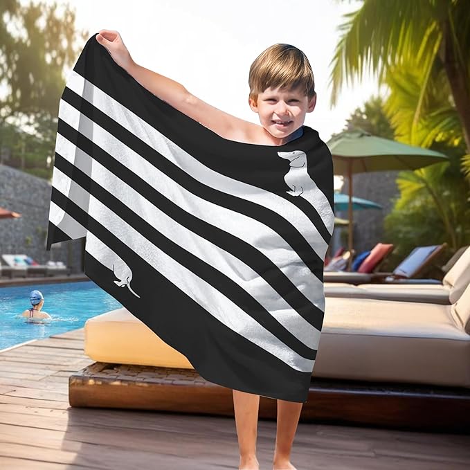 Cute Dog Dachshund Beach Towel Gifts for Dog Lovers Owner, Funny Black and White Wiener Microfiber Quick Dry Travel Sand Free Beach Towels Oversized Decor for Bathroom Swimming Pool 30x60 Inch