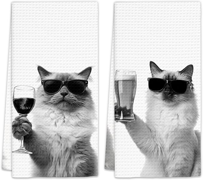 Ragdoll Cat Gifts Wine Kitchen Towels Set of 2, Funny Cats Beer Lover Decorative Hand Dish Towel for Kitchen Home Bar, Gift for Ragdoll Cat Beer Wine Lovers Home Bar Decor(16x24Inch)