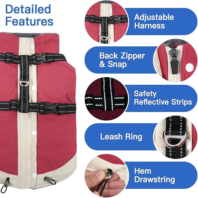 Turtleneck Dog Coat with Harness Built in - S,Soft Warm Lining | Adjustable Reflective Harness Coats for Small Dogs,Water-Repellent Snowsuit,Windproof & Cold-Resistant Jacket (Pink)