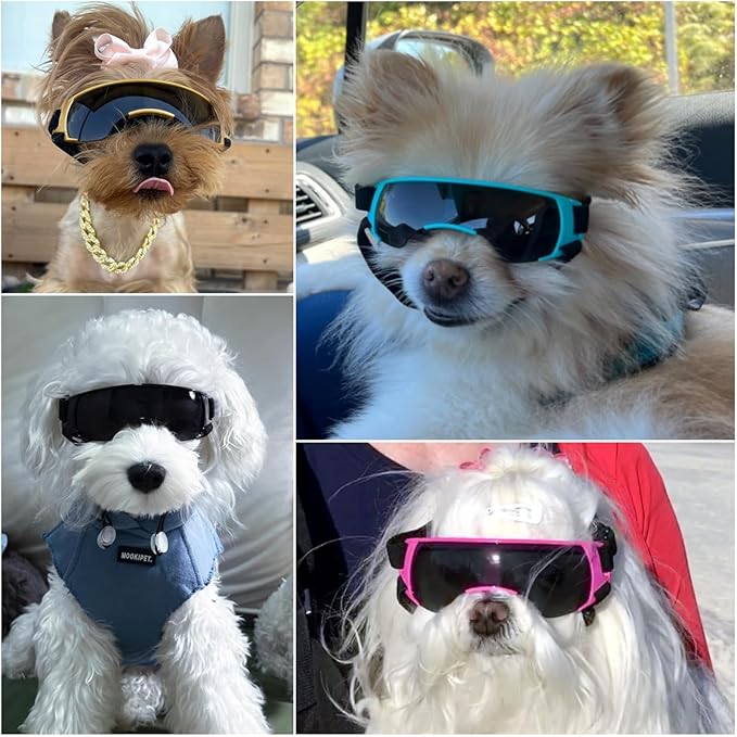 ENJOYING Dog Sunglasses Small Breed, Anti-UV Puppy Goggles for Small Dogs, Windproof Outdoor Dog Eye Protection for Driving Biking, Adjustable Head Straps, Cute Gold