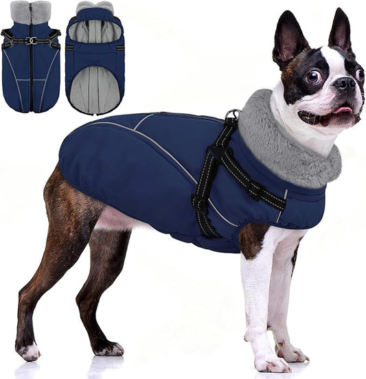AOFITEE Dog Jacket with Harness Built in, Waterproof Dog Coat for Small Dogs, Warm Fleece Pet Puffer Vest with Zipper on Back & Furry Collar, Reflective Dogs Snow Jacket Small Pet Snowsuit, Blue S