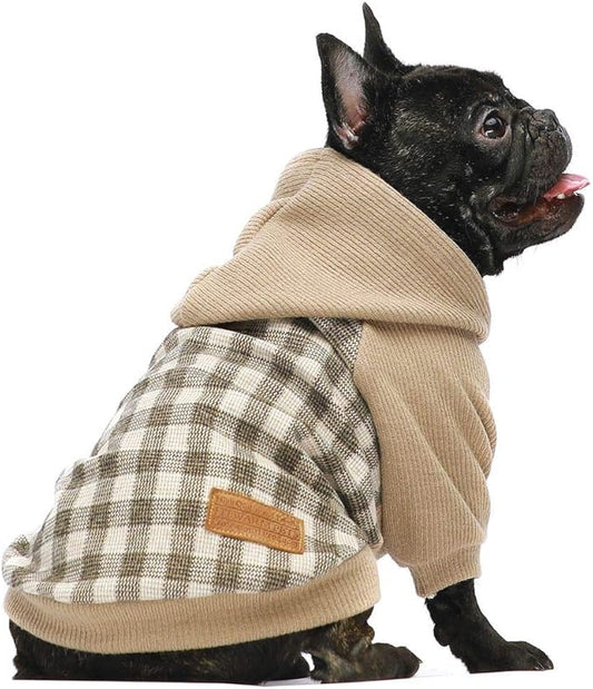 Fitwarm Tartan Plaid Dog Hoodie, Knitted Dog Clothes for Small Dogs Boy, Pet Sweatshirt, Knitted Sweater, Beige, Medium