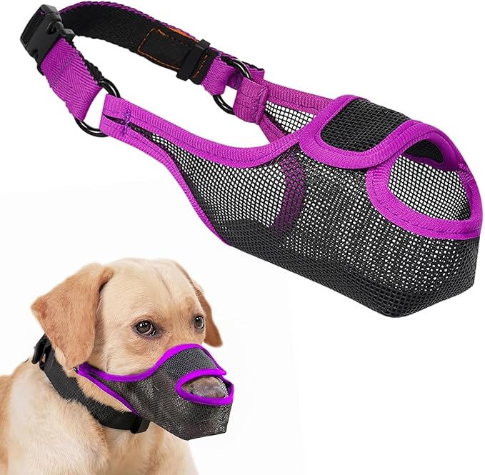 LUCKYPAW Dog Muzzle, Patented Mesh Muzzle for Large Medium Small Dogs Allows Full Pant Drinking Mouth Cover to Prevent Biting Chewing Scavenging Adjustable Breathable Mouth Guard(Purple,XL)