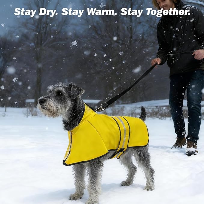 KOOLTAIL Winter Dog Raincoat Hooded Slicker Poncho with Leash Hole, Thick Fleece Rain Coats for Small Medium Dogs Puppy, Windproof Plush Warm Pet Rain Jacket with Reflective Adjustable Strip, Yellow S