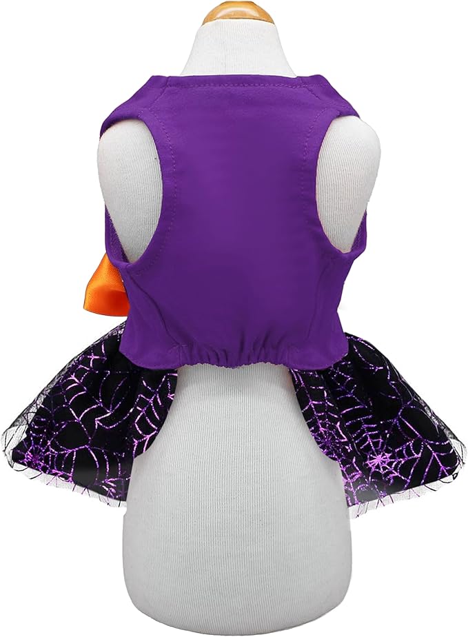 Halloween Dog Dress, Witch Candy Spider Web Tutu Skirt, Holiday Cat Costume for Small Dogs and Cats, Purple Pet Outfit for Puppies and Kittens