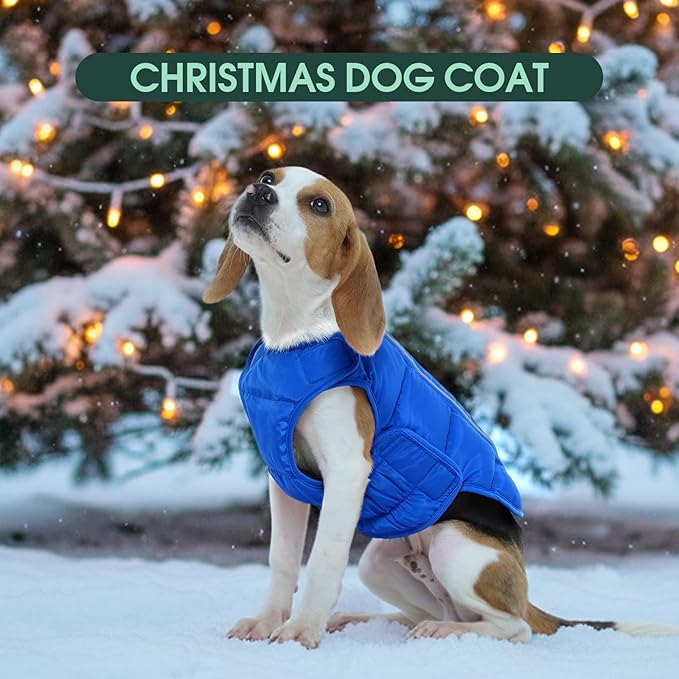 Kuoser Dog Puffer Jacket Warm Dog Coat for Extra Large Dogs, Windproof Reflective Pet Padded Vest Cold Weather Clothes Puppy Snowsuit with Hook & Loop Coats, Easy On/Off, Blue 2XL