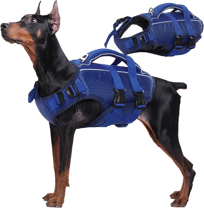 Kuoser Dog Life Jacket High Flotation, Reflective Dogs Life Vest for Swimming Boating, Adjustable Small Medium Large Dog lifejacket, Lightweight Dogs Life Preserver Rescue Handle Spring Summer Pool