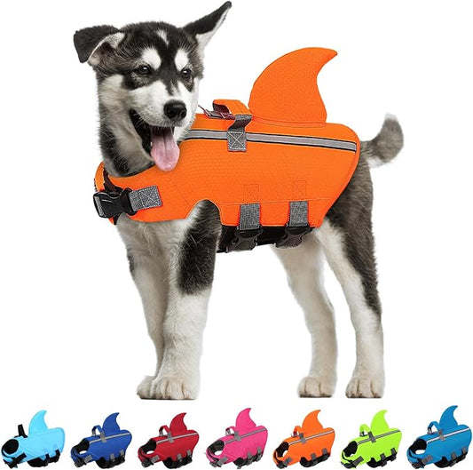 SUNFURA Dog Life Jacket Shark Life Vest for Dogs, Adjustable Swmming Vest with High Buoyancy, Safety Lifesaver with Rescue Handle for French Bulldog Small Medium Breeds, Orange XS
