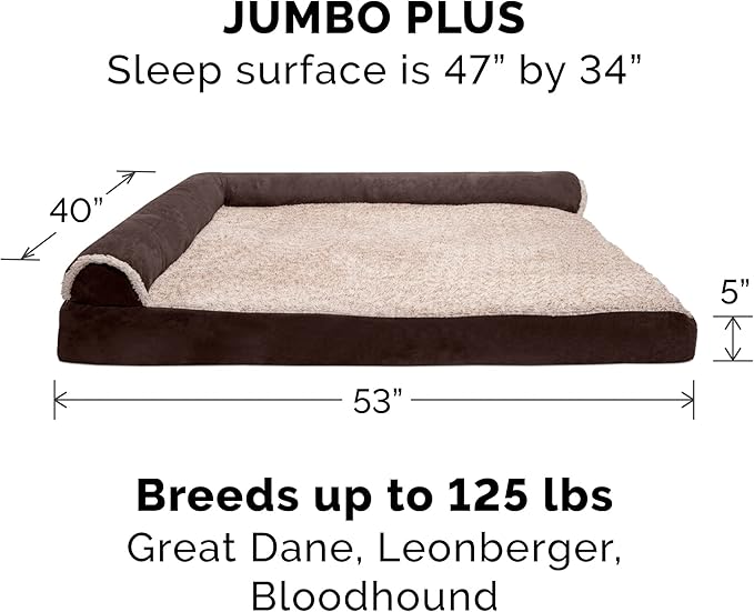 Furhaven Replacement Dog Bed Cover Two-Tone Faux Fur & Suede L Shaped Chaise, Machine Washable - Espresso, Jumbo Plus (XX-Large)