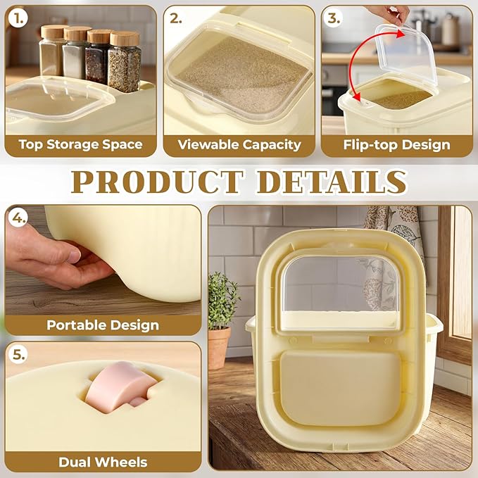 4 Pack Sugar Storage Containers Flour Bin with Wheels Large Pet Dog Food Storage Boxes Measuring Cup Sealed Transparent Flip Lid Portable Household Rice Container Set (Yellow,20 Lbs)