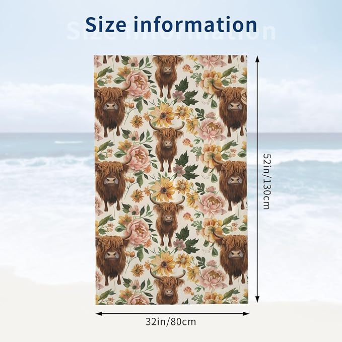 Highland Cow Floral Beach Towel 31inx51in, Rustic Farm Sand-Free Microfiber Bath Towel Ultra Soft Quick Dry Pool Towel Absorbent Towel Lightweight Towel for Swimming Bathroom Decor