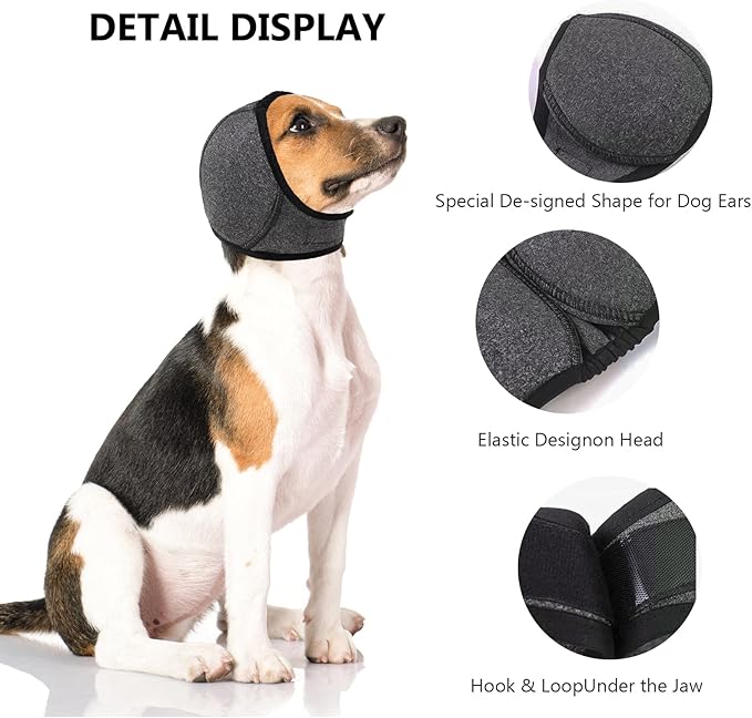 NACOCO Dog Calming Hoodie - No Shake Water Resistant Ear Wraps for Dogs Anxiety Relief & Noise Protection Dog Head Wrap Pet Ear Cover Muffs for Swim Bathing Hematoma(Dark Grey, L)