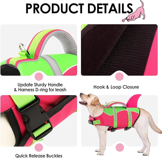AOFITEE Dog Life Jacket, Dog Life Vest for Swimming, Shark Dogs Swimming Vest with Rescue Handle and Reflective Stripe, Ripstop Pet Float Coat Swimsuit Lifesaver Small Medium Large Dogs Hot Pink S