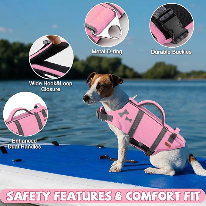 EMUST Dog Life Vests, Adjustable XS Dog Life Jacket with Rescue Handle, Puppy Flotation Vest for Small/Medium/Large Dogs, SakuraPink, XS