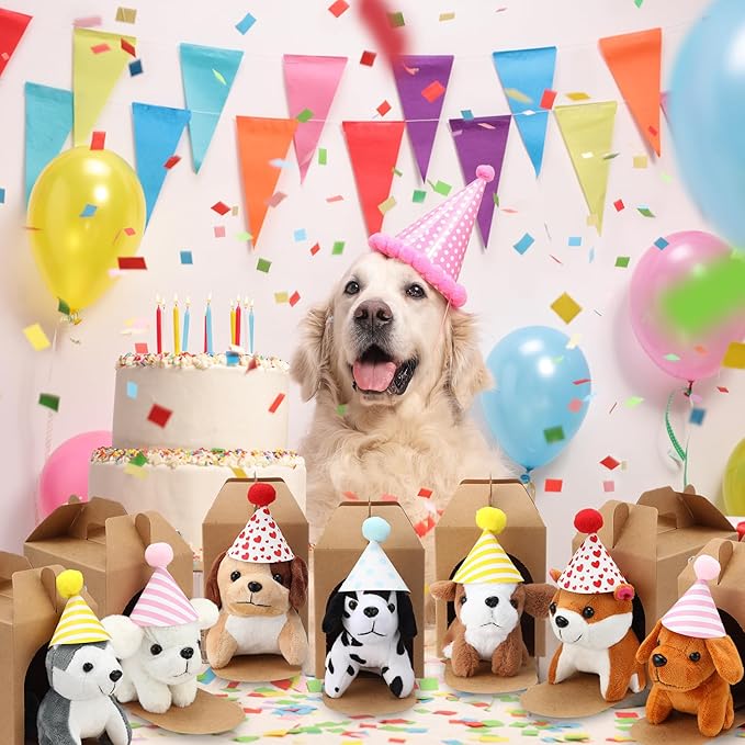 20 Set Mini Plush Toy Stuffed Animals Dogs Set with Birthday Hats Kraft Paper Boxes Small Stuffed Puppy Adopt Pet Gift for Adoption Event Animal Theme Birthday Stocking Stuffers(Cute Dog)