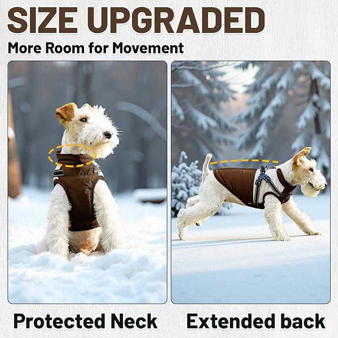 Dog Winter Coat for Small & Medium Dogs, Waterproof Dog Coat with Harness, Puppies Windproof Puppy Puffer Jacket, Snowsuit for Dachshund, Frenchie, Corgi (Classic Brown,XL)